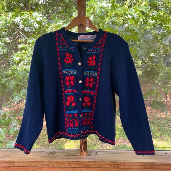 Tally Ho Creations Women's Vintage Navy And Red Embroidered Sweater Size L - Picture 1 of 8